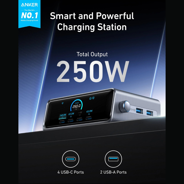 Anker Prime Charger (250W, 6 Ports, GaNPrime) — Desktop Charging Station