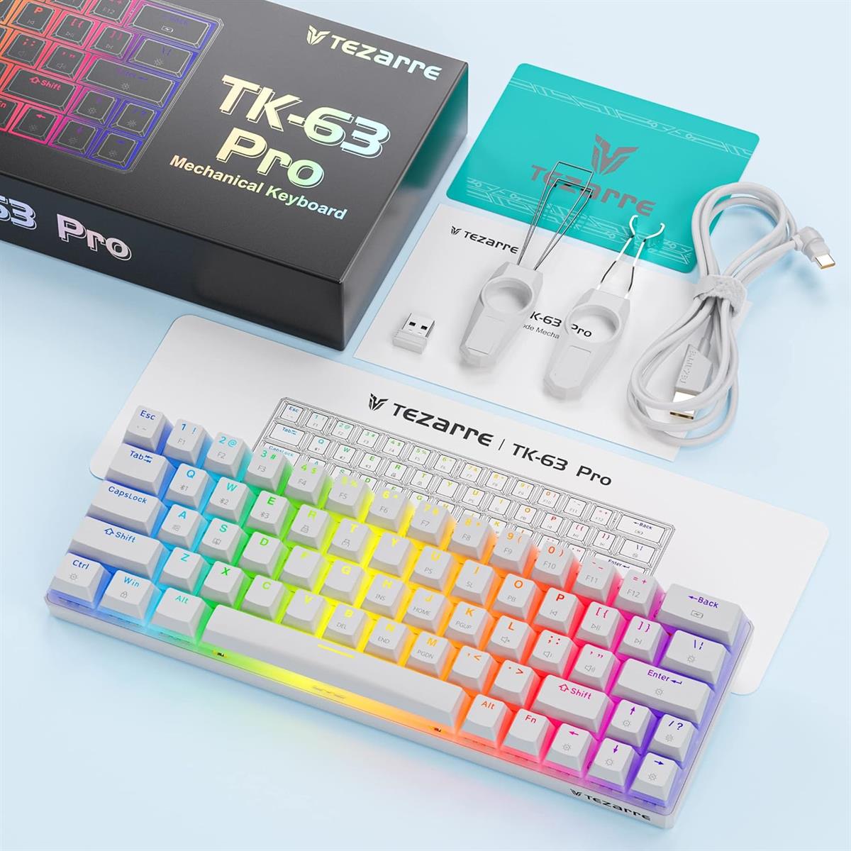 Tezarre TK63 Pro RGB wireless mechanical gaming keyboard with rainbow backlit keys and accessories