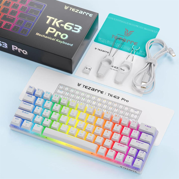 Tezarre TK63 Pro RGB wireless mechanical gaming keyboard with rainbow backlit keys and accessories