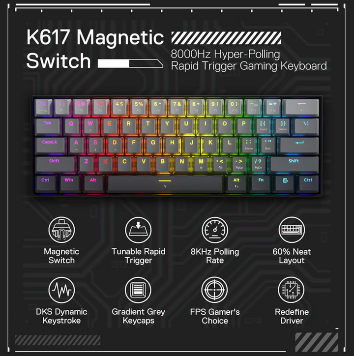 Redragon K617 FIZZ Wired Magnetic Switch Gaming Keyboard Black